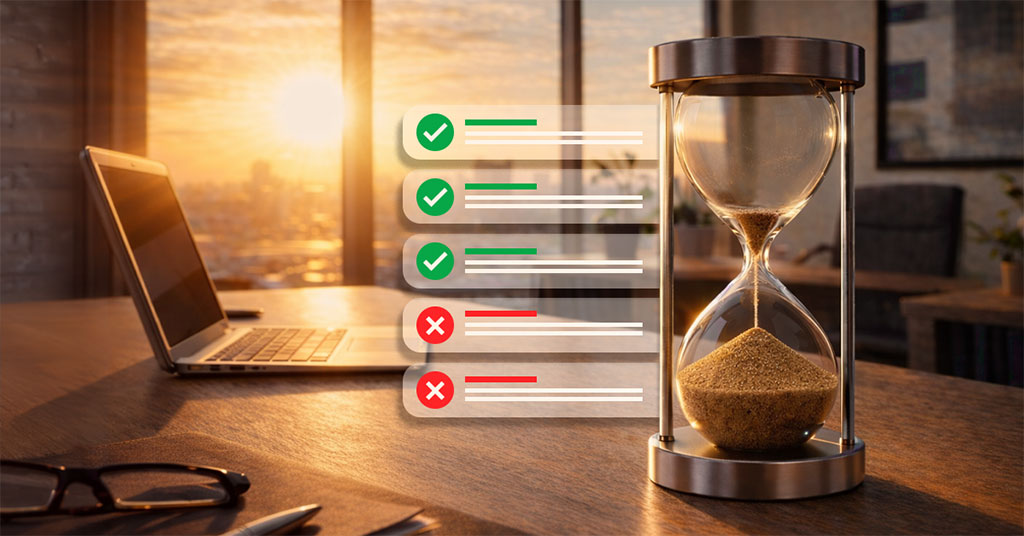 Small Business Productivity — When Technology Works Against You An hourglass on a business desk with a laptop and sunset in the background, overlaid with a checklist showing completed and incomplete tasks, representing lost productivity from daily IT interruptions.