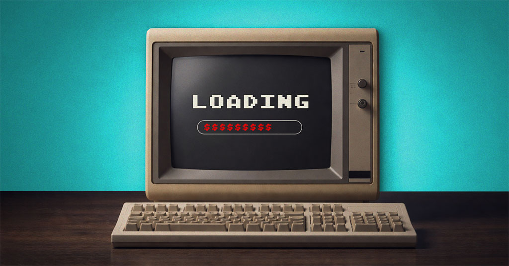 Retro Computer Showing Loading Screen With Dollar Signs — Outdated Tech Costing Businesses A vintage beige desktop computer and keyboard displays a retro pixel-style loading bar filled with dollar sign symbols, representing the ongoing cost of outdated technology to small businesses.