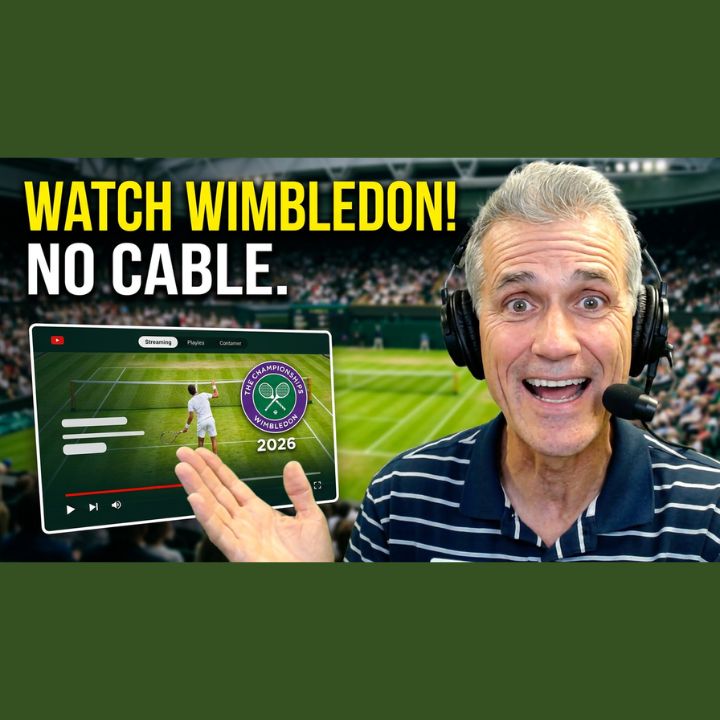 How to Watch Wimbledon 2026 Without Cable — Streaming Guide Thumbnail A tech host gestures toward a phone screen streaming live Wimbledon tennis coverage beside the 2026 championship logo, illustrating how to watch Wimbledon without cable.