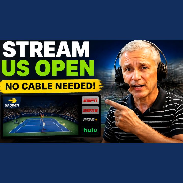 How to Watch the US Open Tennis Without Cable — A Faster PC Bryan Longworth points at a TV displaying US Open tennis coverage next to ESPN, ESPN2, ESPN+, and Hulu logos, explaining how to watch the US Open without cable.
