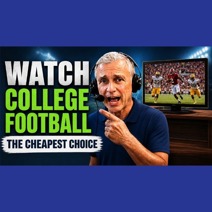 A Faster PC host pointing at a TV showing a college football game, with text reading Watch College Football The Cheapest Choice